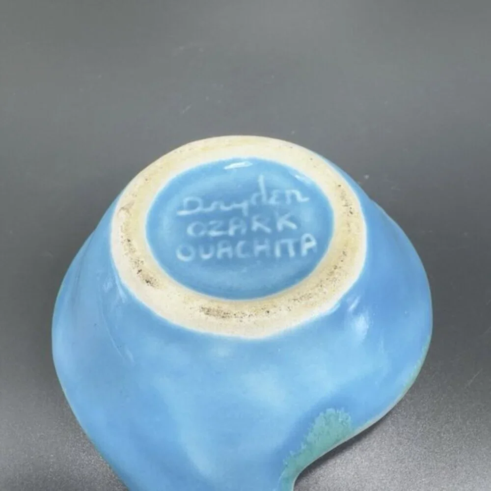 Vintage Dryden Pottery Ashtray Dish Blue Glazed Signed Spoon Shaped‎ Decor VTG